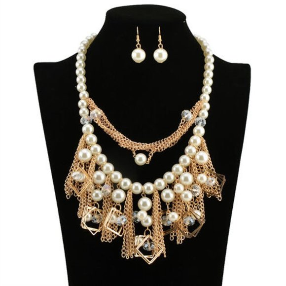 🎁 Layered Draping Fringe Faux Pear Art Deco Gold Elegant Necklace Set - Picture 1 of 5